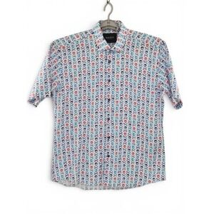 MACEOO Mens White Allover Skull Crossbones Button-Up Shirt L Cotton Short Sleeve